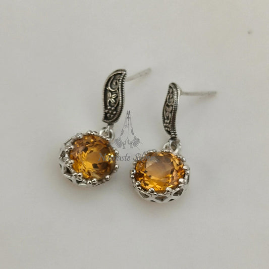 Citrine Earrings, 925 Sterling Silver Dangle Earrings, Natural Citrine Round Gemstone Handmade Jewelry, November Birthstone, Gift for Her