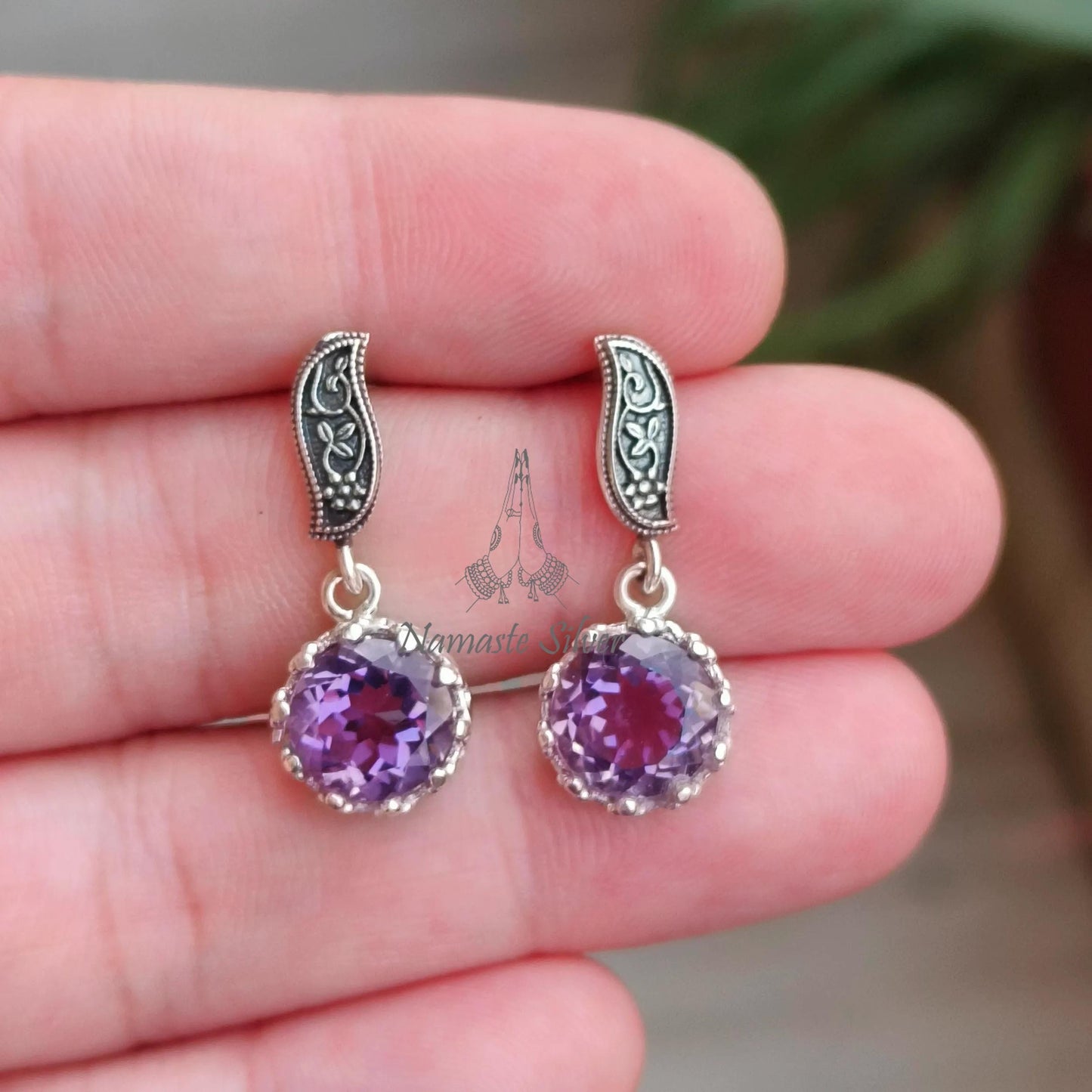 Amethyst Earrings, 925 Sterling Silver Dangle Earrings, Natural Purple Round Gemstone Handmade Jewelry, February Birthstone, Gift for Her
