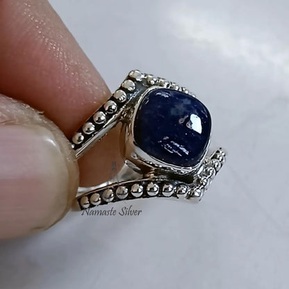 Sodalite Ring, 925 Sterling Silver Promise Ring, Natural Sodalite Cushion Gemstone Handmade Boho Jewelry, Gift for Her, December Birthstone