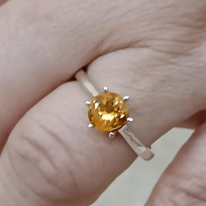 Citrine Solitaire Ring, 925 Sterling Silver Promise Ring, Natural Yellow Citrine Round Gemstone Handmade Jewelry, Minimalist Gift for Her