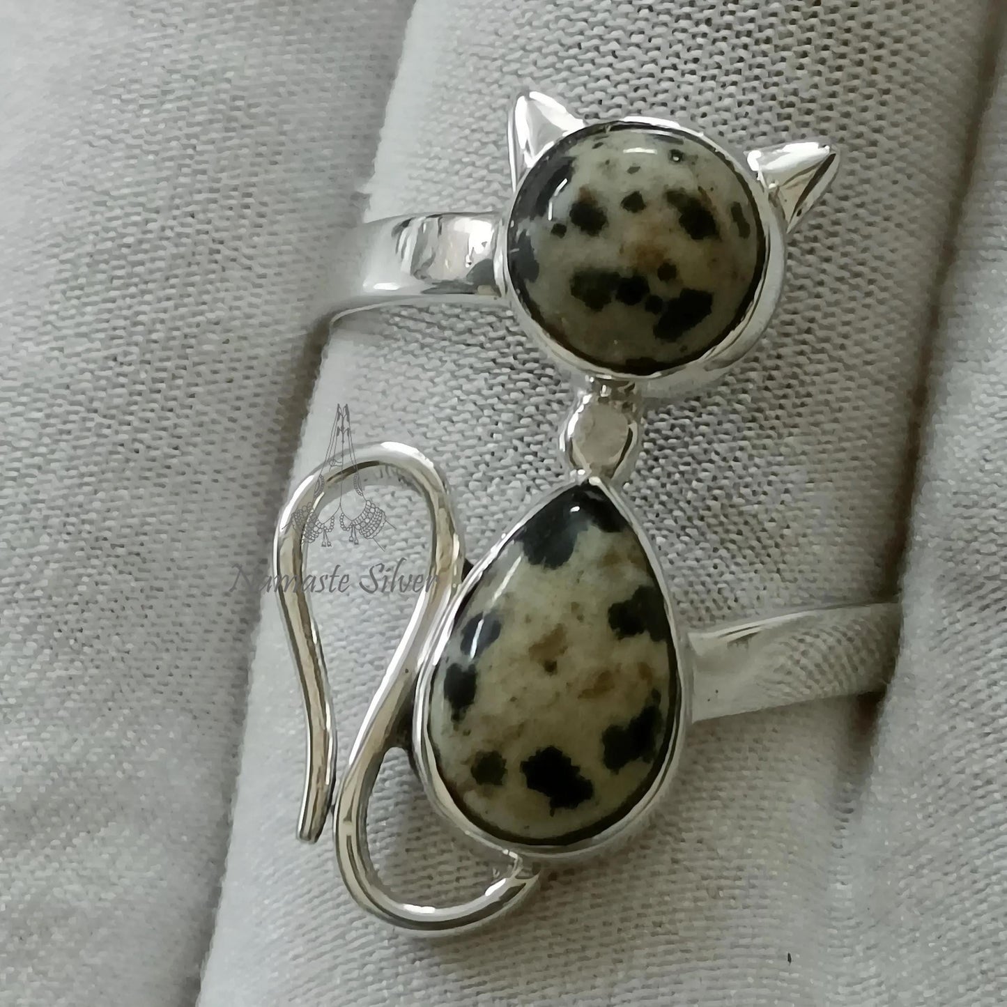 Dalmatian Jasper Cat Ring, 925 Sterling Silver Promise Ring, Natural Jasper Dual Gemstone Handmade Kitty Jewelry, Unique Gift for Cat Lovers
