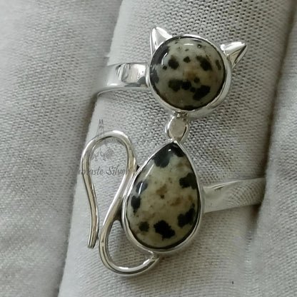 Dalmatian Jasper Cat Ring, 925 Sterling Silver Promise Ring, Natural Jasper Dual Gemstone Handmade Kitty Jewelry, Unique Gift for Cat Lovers