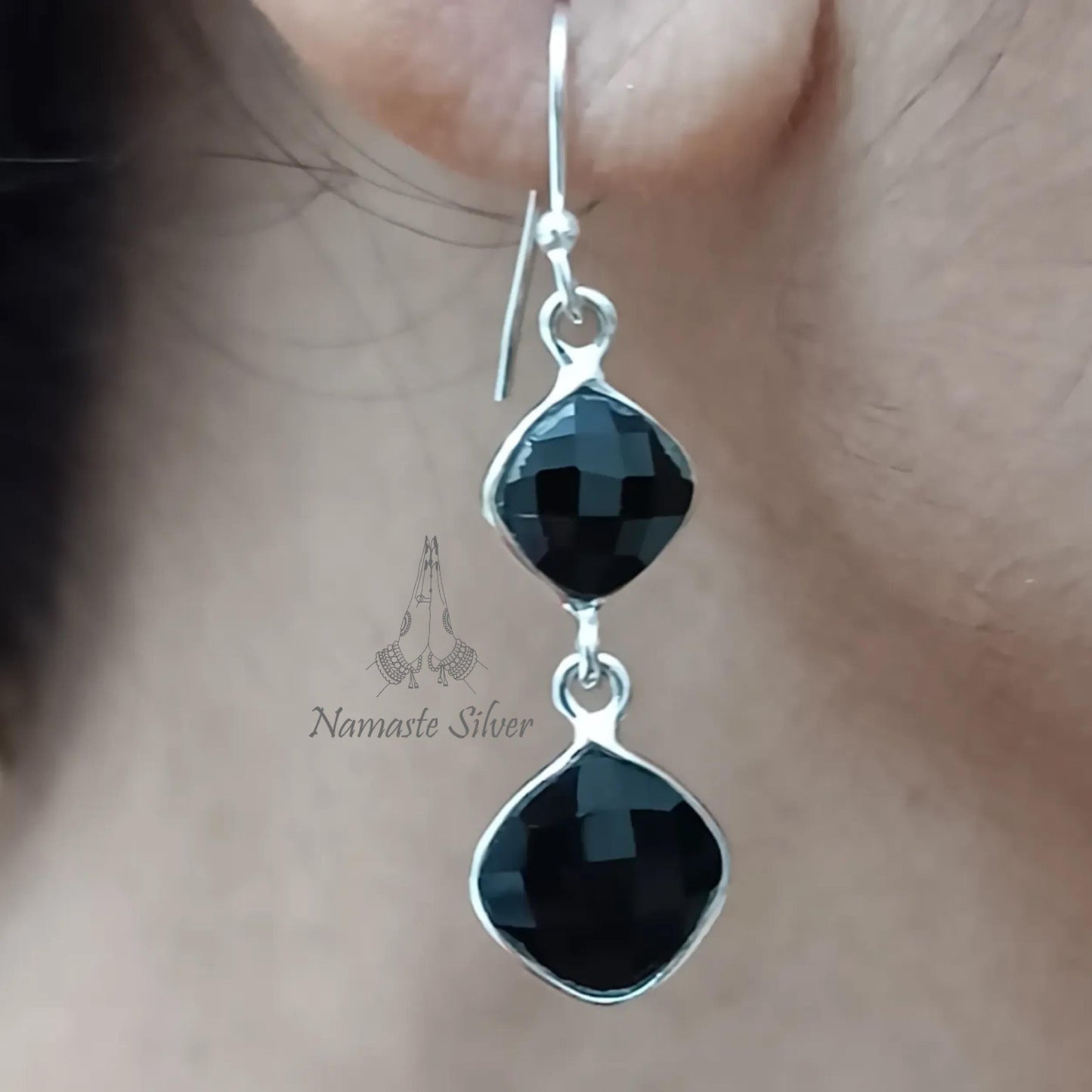 Black Spinel Earrings, 925 Sterling Silver Dangle Drop Earrings, Natural Spinel Cushion Briolette Gemstone Handmade Jewelry, Gift for Her