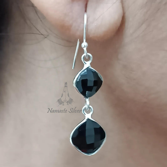 Black Spinel Earrings, 925 Sterling Silver Dangle Drop Earrings, Natural Spinel Cushion Briolette Gemstone Handmade Jewelry, Gift for Her