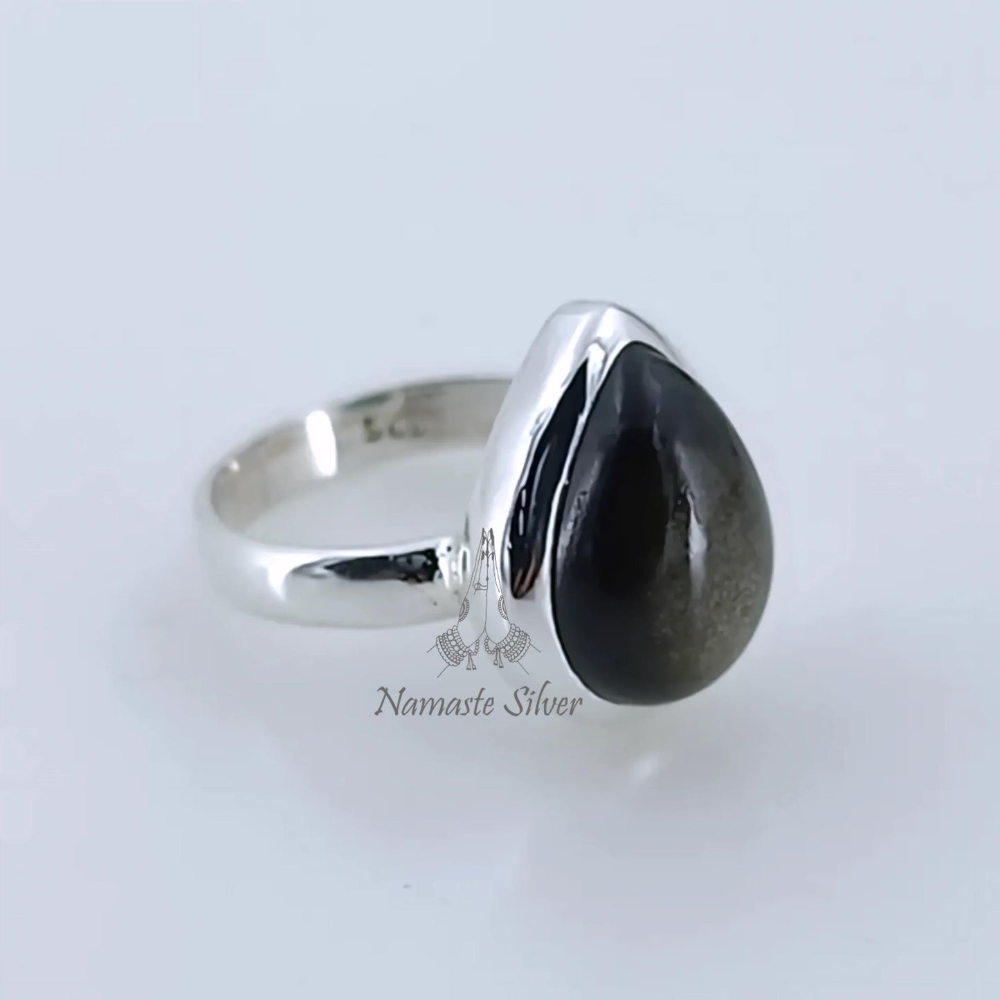 Gold Sheen Obsidian Ring, 925 Sterling Silver Statement Promise Ring, Natural Gold Sheen Obsidian Pear Shape Gemstone Handmade Jewelry Gift