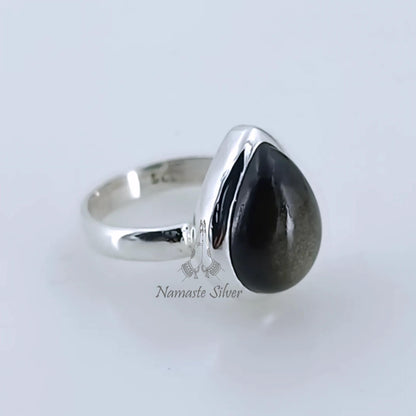 Gold Sheen Obsidian Ring, 925 Sterling Silver Statement Promise Ring, Natural Gold Sheen Obsidian Pear Shape Gemstone Handmade Jewelry Gift