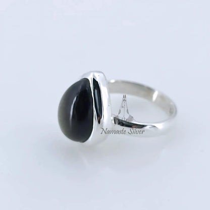 Gold Sheen Obsidian Ring, 925 Sterling Silver Statement Promise Ring, Natural Gold Sheen Obsidian Pear Shape Gemstone Handmade Jewelry Gift