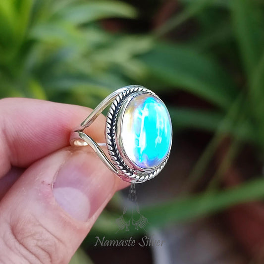 Mercury Mystic Quartz Ring, Sterling Silver Promise Ring, Aurora Borealis Crystal Ring, Handmade Rainbow Mystic Quartz Ring, Gift For Her