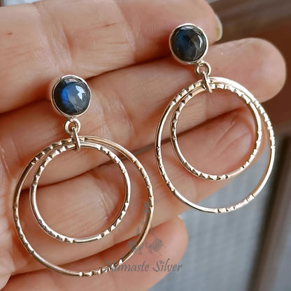 Labradorite Earrings, 925 Sterling Silver Dangle Earrings, Natural Labradorite Round Gemstone Double Hoop Earrings, Birthstone Gift for Her