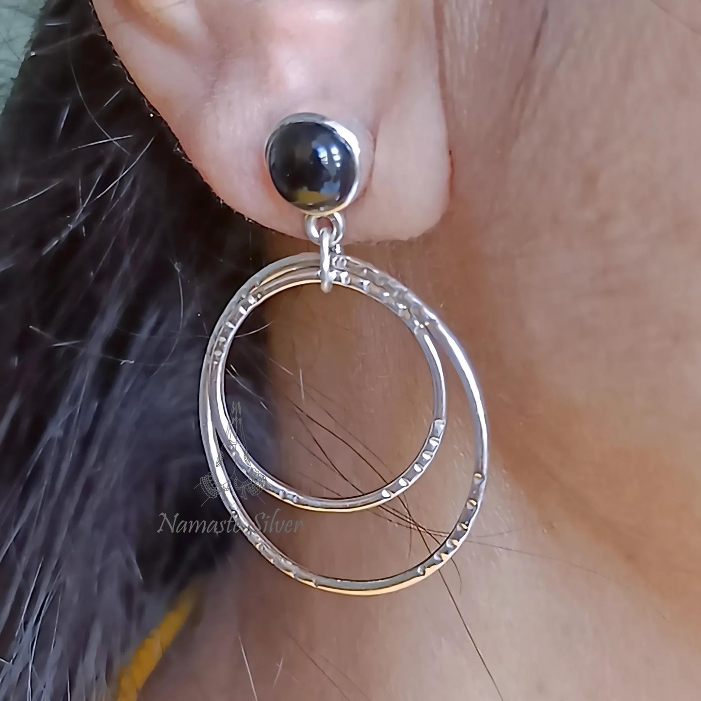 Black Onyx Earrings, 925 Sterling Silver Double Hoop Earrings, Natural Onyx Round Gemstone Handmade Dangle Earrings, Unique Gift for her