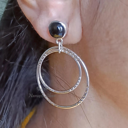 Black Onyx Earrings, 925 Sterling Silver Double Hoop Earrings, Natural Onyx Round Gemstone Handmade Dangle Earrings, Unique Gift for her