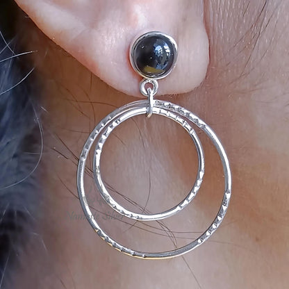 Black Onyx Earrings, 925 Sterling Silver Double Hoop Earrings, Natural Onyx Round Gemstone Handmade Dangle Earrings, Unique Gift for her