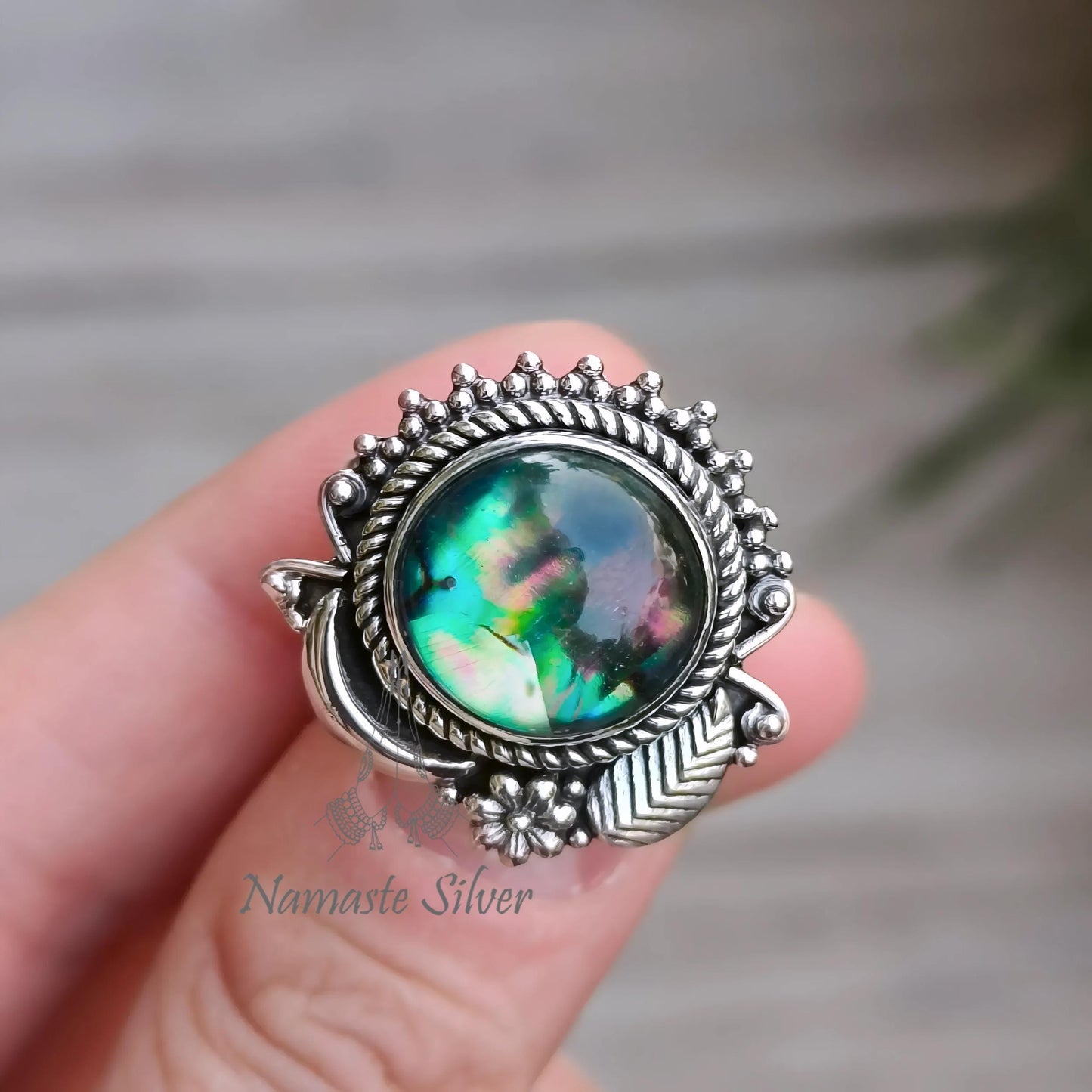 Abalone Shell Ring, 925 Sterling Silver Statement Promise Ring, Natural Paua Shell Round Doublet Handmade Jewelry, Elegant Gift for Her