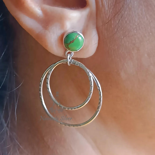 Green Turquoise Earrings, Sterling Silver Dangle Earrings, Green Copper Turquoise Round Handmade Jewelry, Double Hoop Earrings, Gift for her