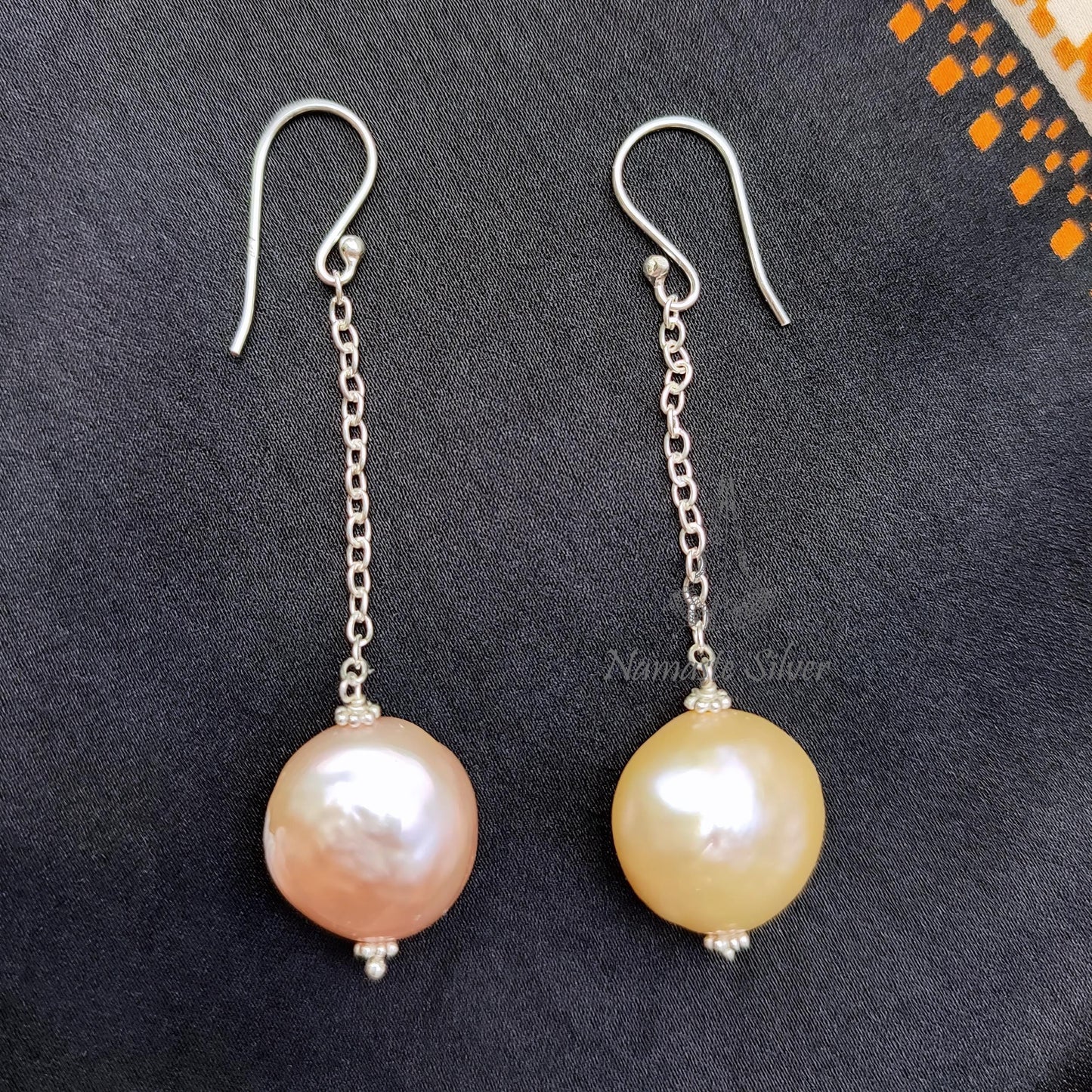 Coin Pearl Earrings, 925 Sterling Silver Dangle Earrings, Genuine Pink Peach Freshwater Coin Pearls Handmade Jewelry, Unique Gift for her