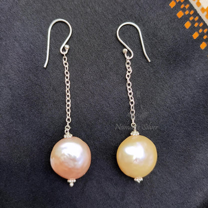 Coin Pearl Earrings, 925 Sterling Silver Dangle Earrings, Genuine Pink Peach Freshwater Coin Pearls Handmade Jewelry, Unique Gift for her