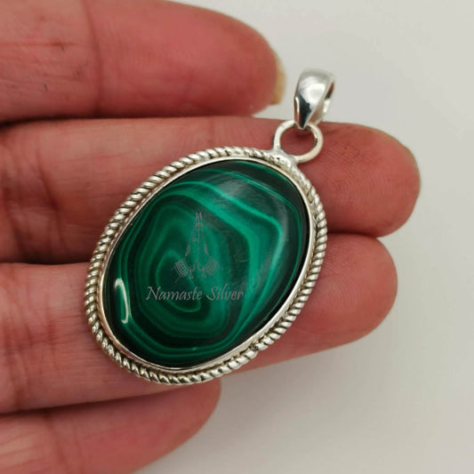 Malachite Pendant, 925 Sterling Silver Pendant, April May Birthstone, Natural Malachite Oval Gemstone Handmade Jewelry, Unique Gift For Her