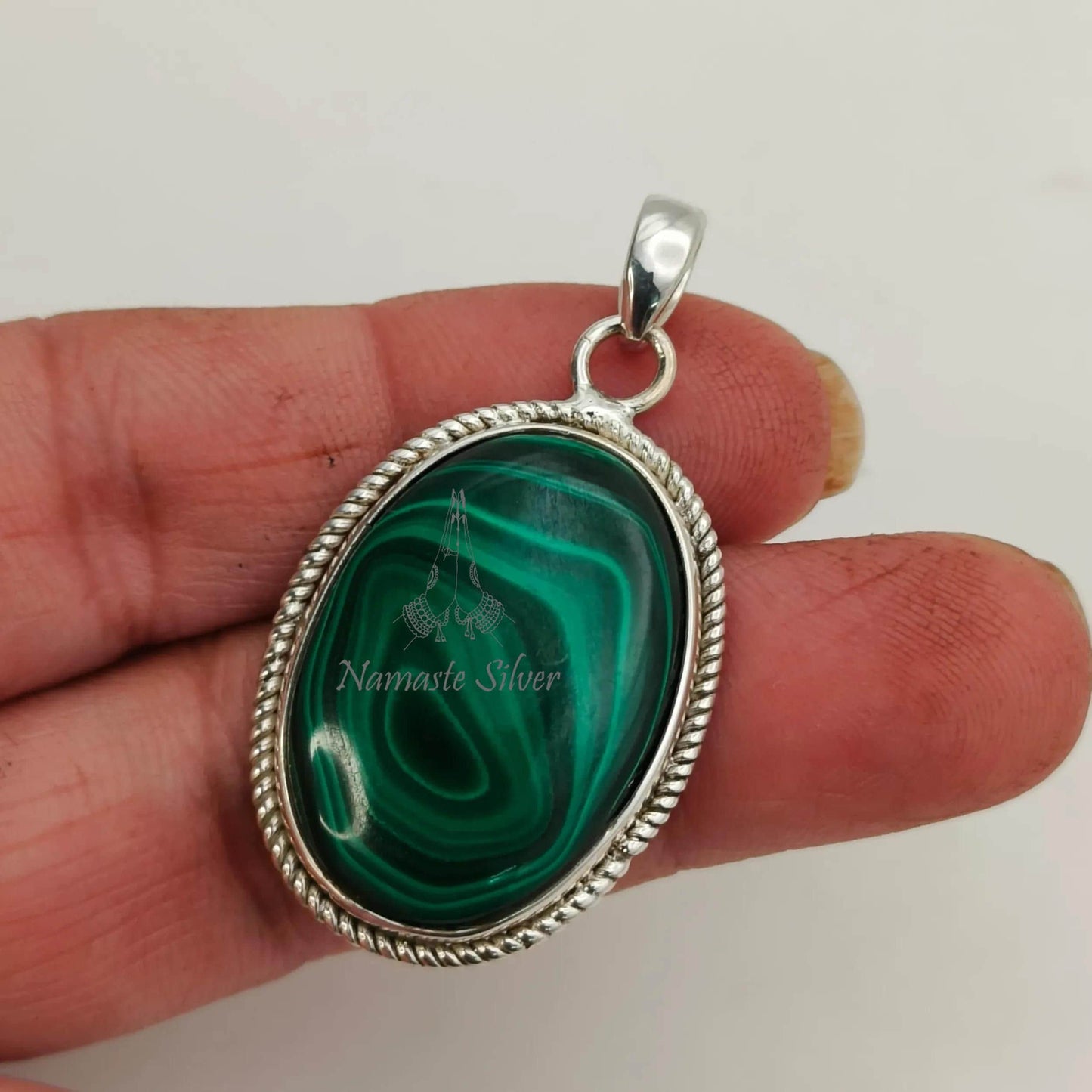 Malachite Pendant, 925 Sterling Silver Pendant, April May Birthstone, Natural Malachite Oval Gemstone Handmade Jewelry, Unique Gift For Her