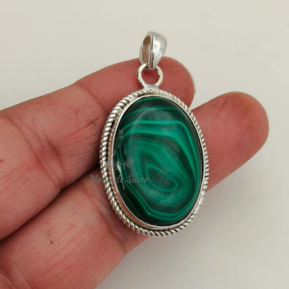 Malachite Pendant, 925 Sterling Silver Pendant, April May Birthstone, Natural Malachite Oval Gemstone Handmade Jewelry, Unique Gift For Her