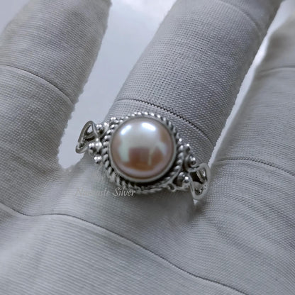 Pearl Ring, 925 Sterling Silver Peach Pearl Promise Ring for Women, Freshwater Peach Pearl Handmade Jewelry, June Birthstone, Gift For Her