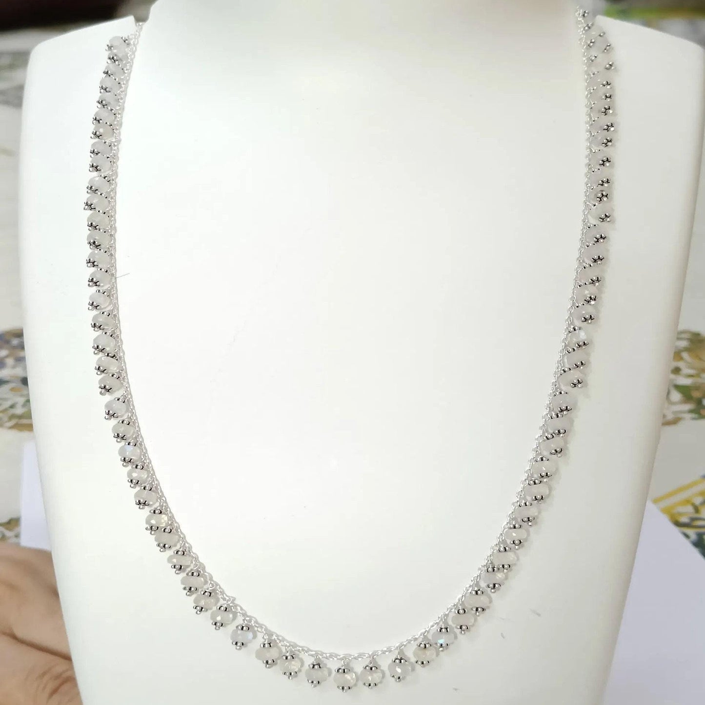 Moonstone Necklace, 925 Sterling Silver Choker Necklace, Natural Rainbow Moonstone Round Beads Handmade String, June Birthstone Gift for her