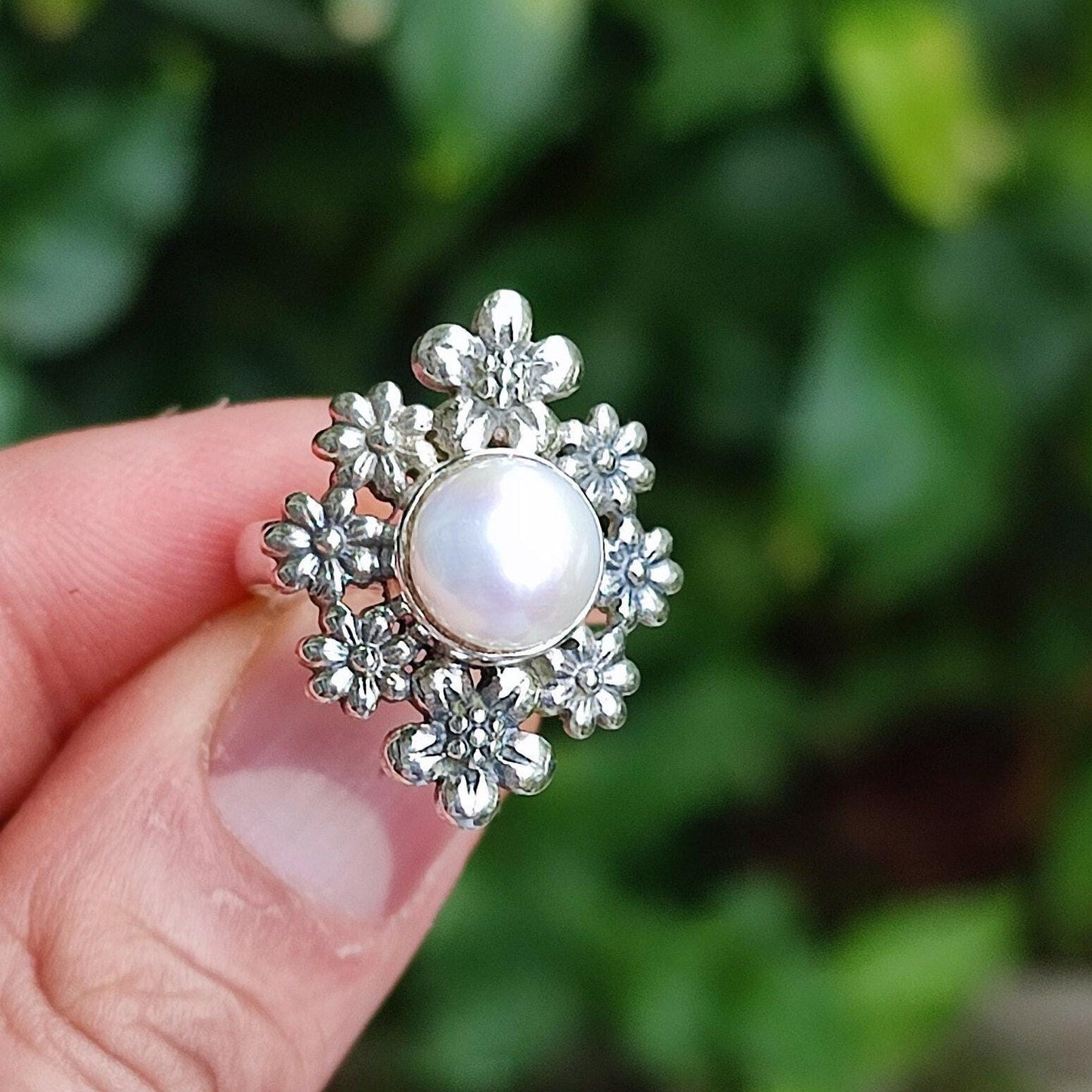 Pearl Ring, 925 Sterling Silver Ring Statement Promise Ring, Freshwater Pearl Floral Handmade Jewelry, June Birthstone, Unique Gift for Her