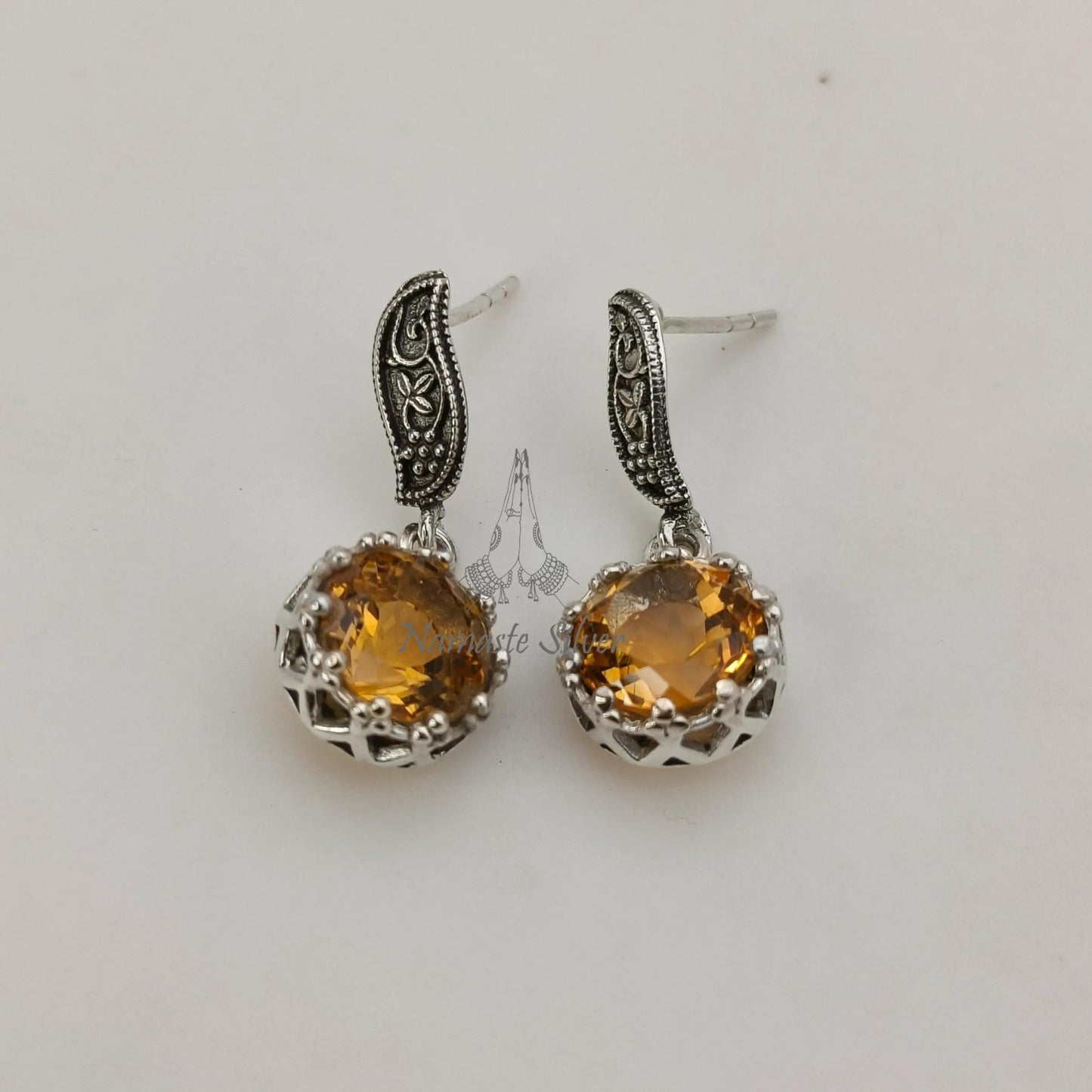 Citrine Earrings, 925 Sterling Silver Dangle Earrings, Natural Citrine Round Gemstone Handmade Jewelry, November Birthstone, Gift for Her
