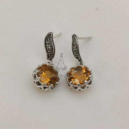 Citrine Earrings, 925 Sterling Silver Dangle Earrings, Natural Citrine Round Gemstone Handmade Jewelry, November Birthstone, Gift for Her