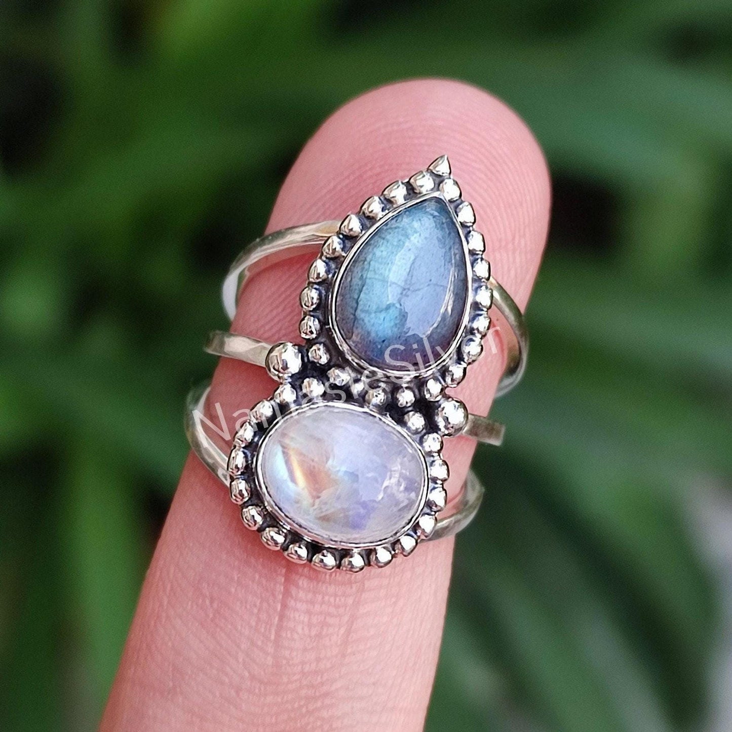 Rainbow Moonstone Labradorite Ring, 925 Sterling Silver Statement Promise Ring, Natural Dual Gemstone Handmade Jewelry, Unique Gift For Her