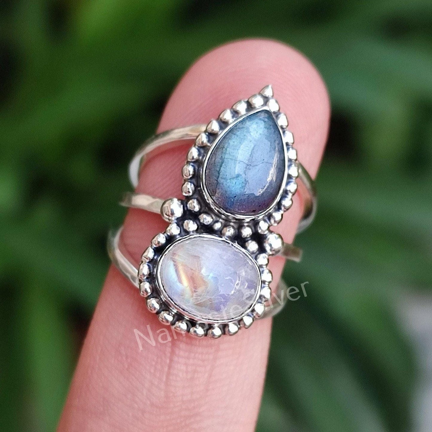 Rainbow Moonstone Labradorite Ring, 925 Sterling Silver Statement Promise Ring, Natural Dual Gemstone Handmade Jewelry, Unique Gift For Her