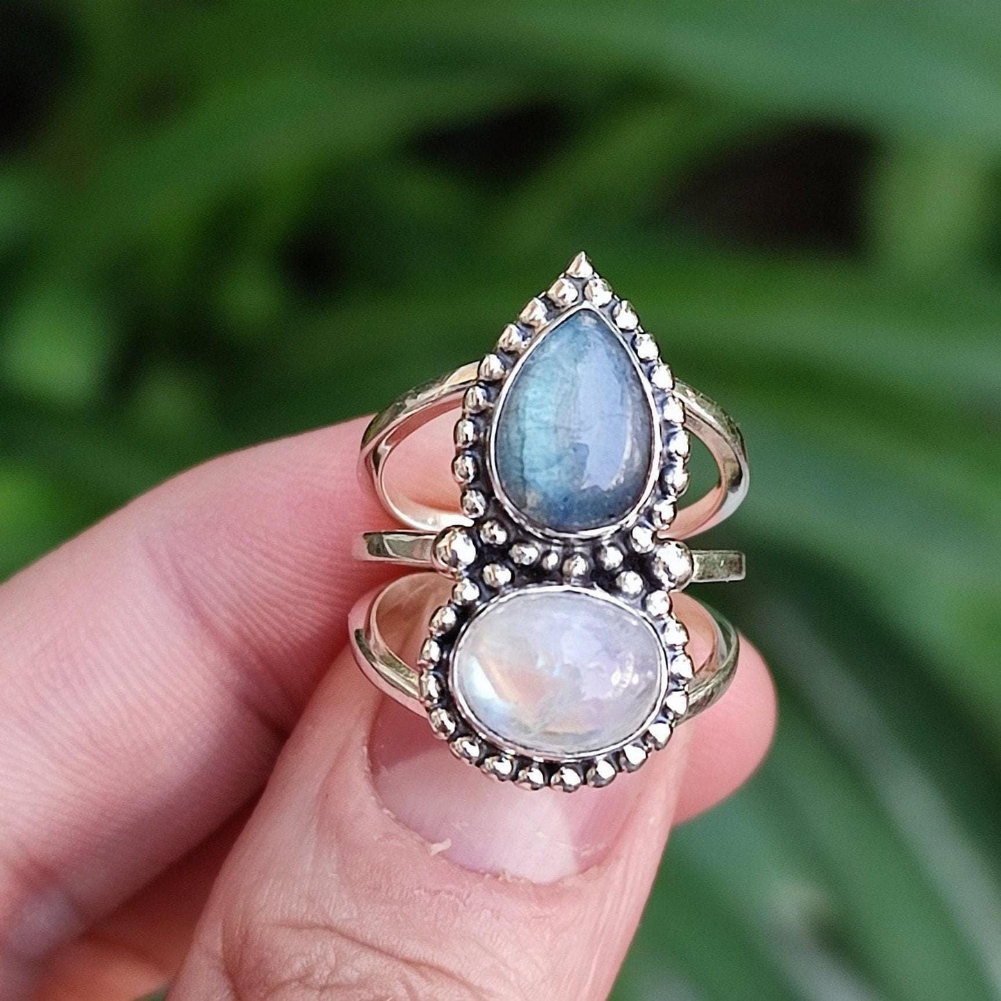 Rainbow Moonstone Labradorite Ring, 925 Sterling Silver Statement Promise Ring, Natural Dual Gemstone Handmade Jewelry, Unique Gift For Her