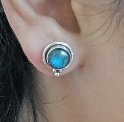 Labradorite Stud Earrings, 925 Sterling Silver Handmade Ear Post, Natural Labradorite Round Gemstone  Stud Earrings, Birthstone Gift for Her