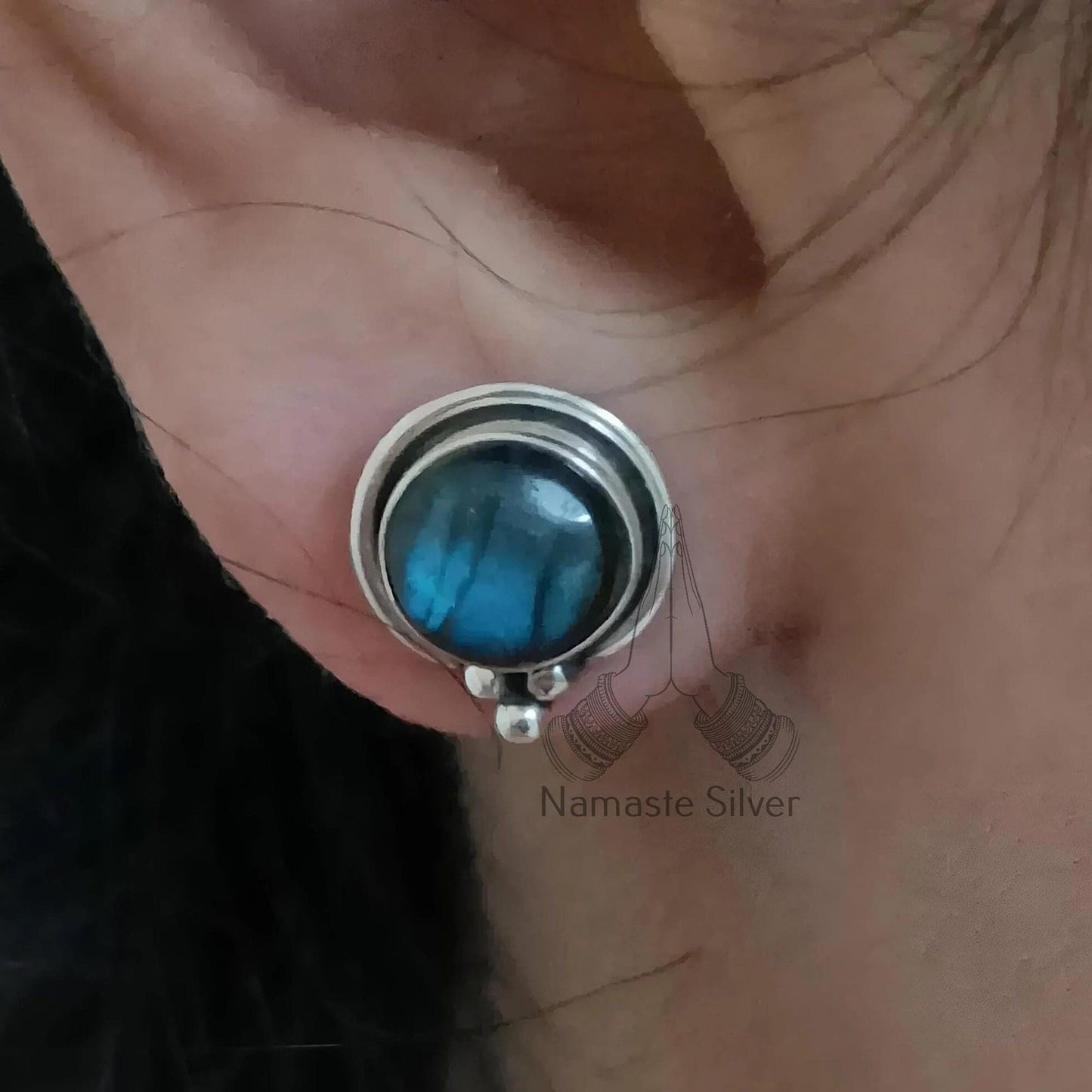 Labradorite Stud Earrings, 925 Sterling Silver Handmade Ear Post, Natural Labradorite Round Gemstone  Stud Earrings, Birthstone Gift for Her