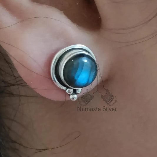 Labradorite Stud Earrings, 925 Sterling Silver Handmade Ear Post, Natural Labradorite Round Gemstone  Stud Earrings, Birthstone Gift for Her