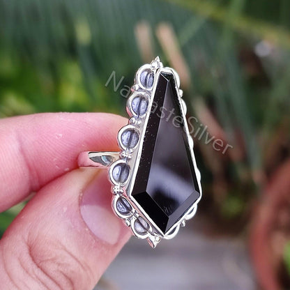Black Onyx Coffin Ring, 925 Sterling Silver Handmade Gothic Ring, Natural Black Gemstone Coffin Boho Jewelry, Halloween Witch Gift For Her