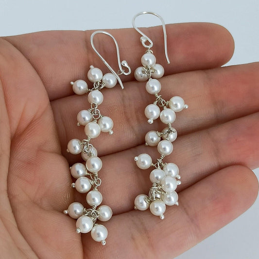 Pearl Earrings, 925 Sterling Silver Dangle Drop Earrings, Freshwater Pearl Beads Handmade Jewelry, June Birthstone, Elegant Gift for Her