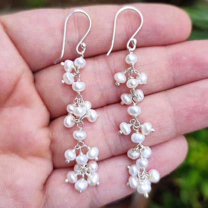 Pearl Earrings, 925 Sterling Silver Dangle Drop Earrings, Freshwater Pearl Beads Handmade Jewelry, June Birthstone, Elegant Gift for Her