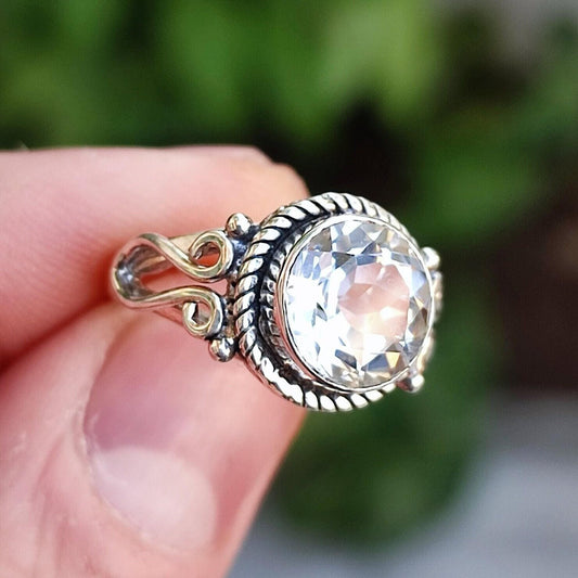 White Topaz Ring, 925 Sterling Silver Handmade Promise Ring, Natural Clear Topaz Round Gemstone Boho Jewelry, April Birthstone, Gift for Her