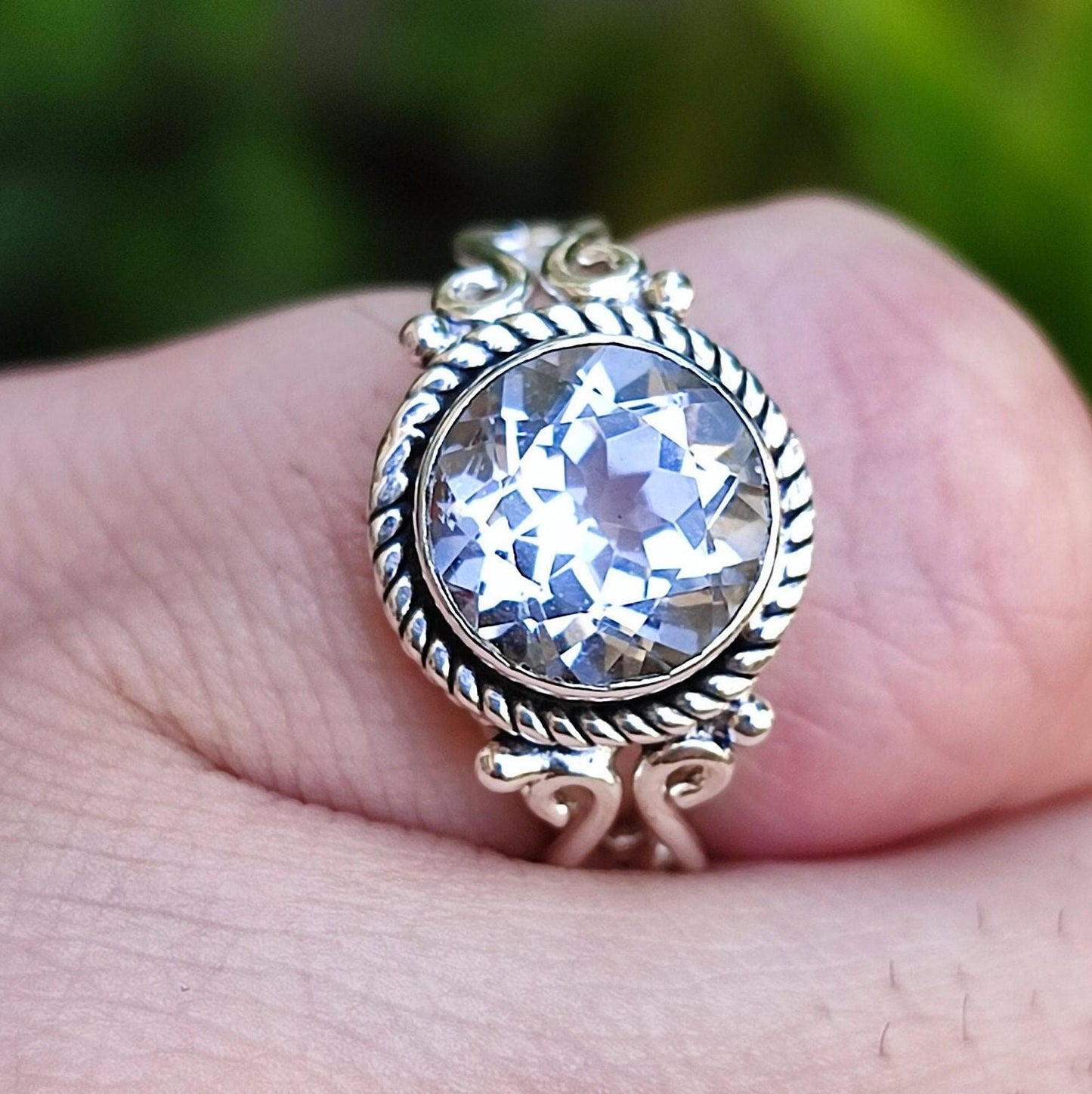 White Topaz Ring, 925 Sterling Silver Handmade Promise Ring, Natural Clear Topaz Round Gemstone Boho Jewelry, April Birthstone, Gift for Her