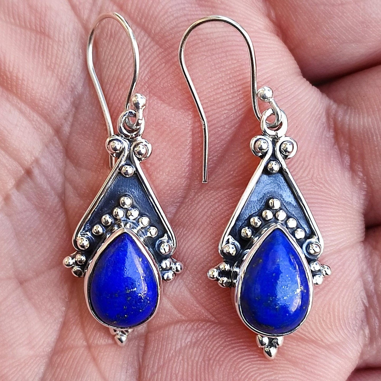 Lapis Lazuli Earrings, 925 Sterling Silver Dangle Earrings, Natural Lapis Gemstone Handmade Boho Jewelry, September Birthstone, Gift for her