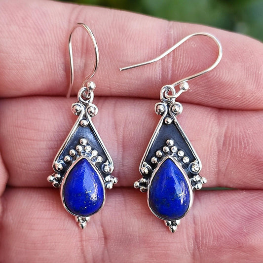 Lapis Lazuli Earrings, 925 Sterling Silver Dangle Earrings, Natural Lapis Gemstone Handmade Boho Jewelry, September Birthstone, Gift for her