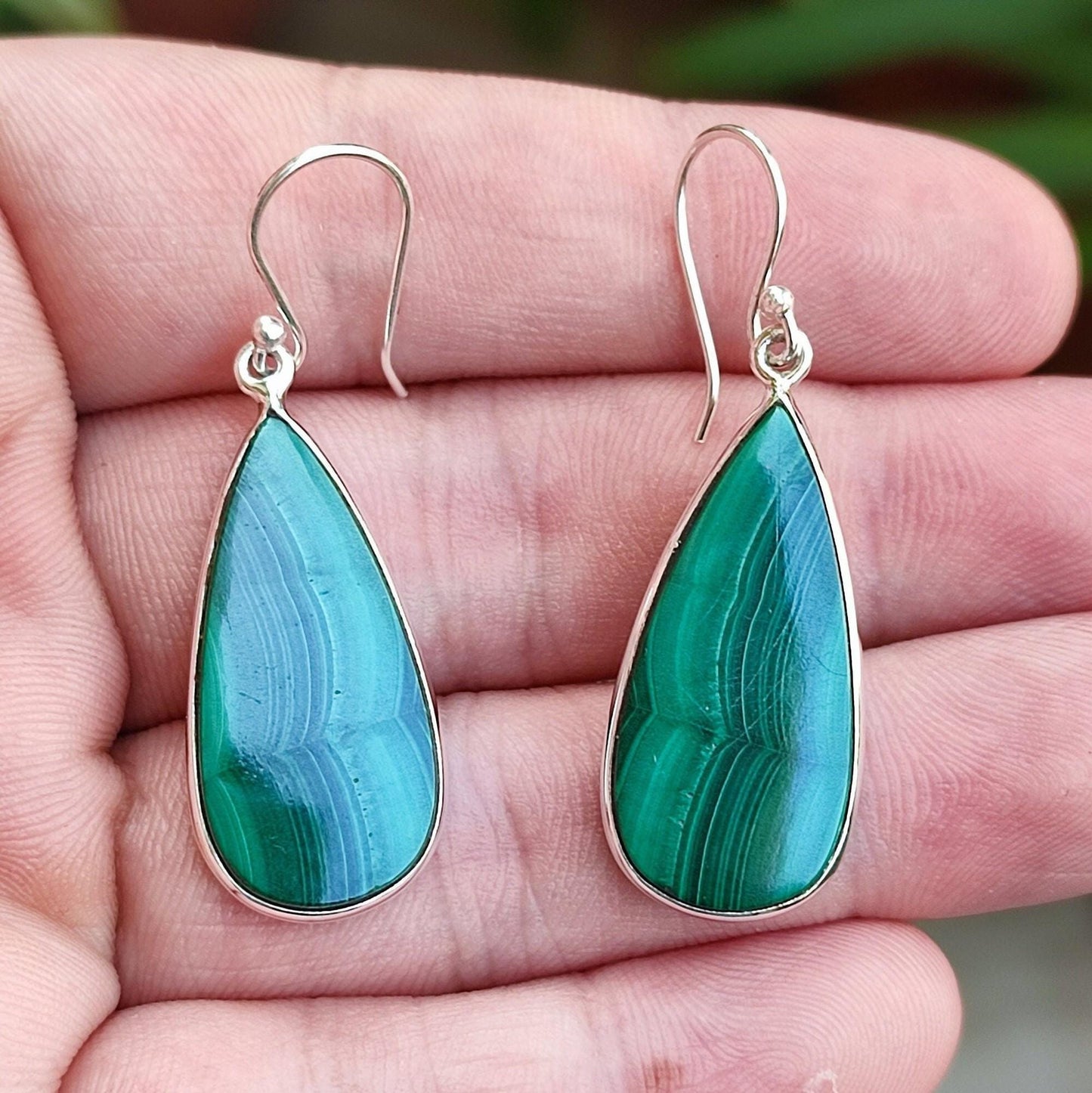 Malachite Earrings, 925 Sterling Silver Dangle Drop Earrings, Natural Green Gemstone Pear Shape Handmade Boho Jewelry, Elegant Gift for Her