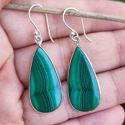 Malachite Earrings, 925 Sterling Silver Dangle Drop Earrings, Natural Green Gemstone Pear Shape Handmade Boho Jewelry, Elegant Gift for Her