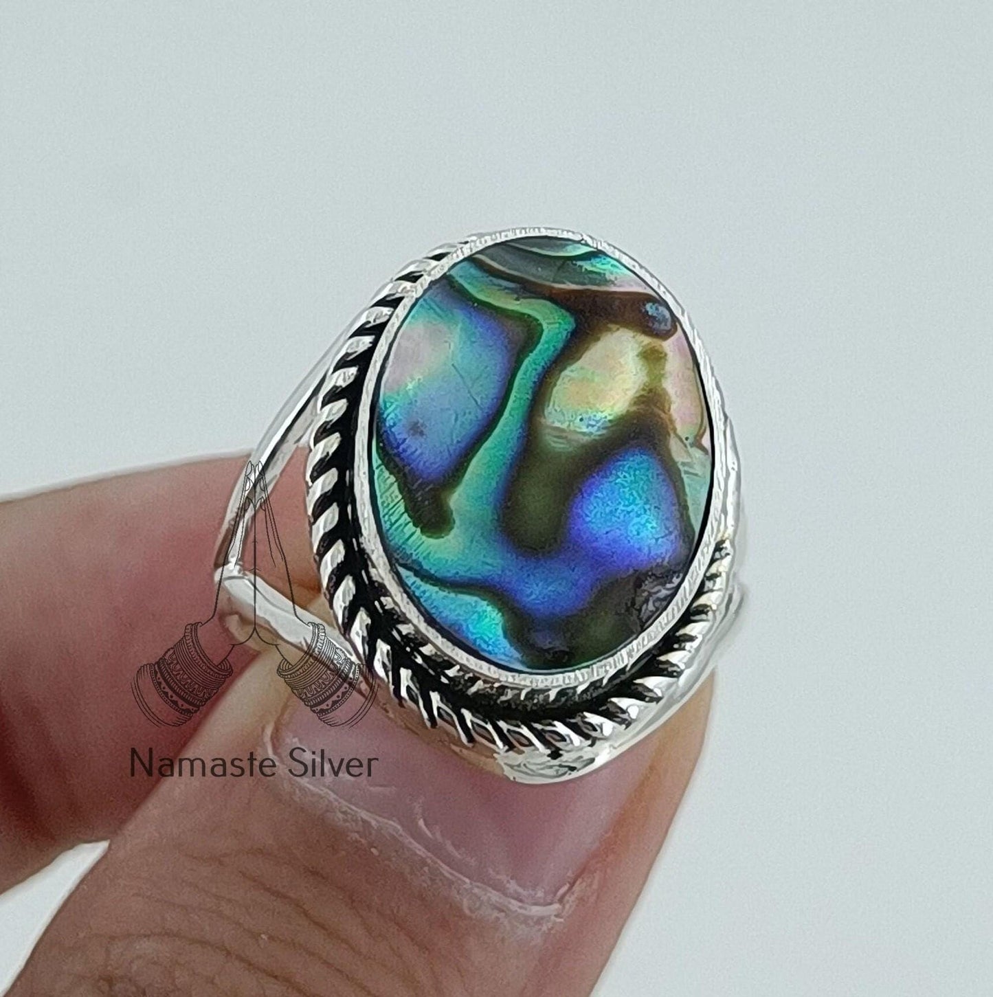 Abalone Shell Ring, 925 Sterling Silver Statement Promise Ring, Natural Blue Paua Shell Oval Handmade Boho Jewelry, Colorful Gift for Her