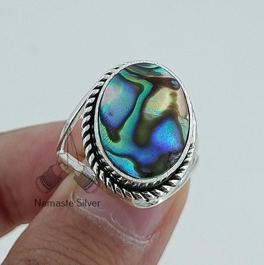 Abalone Shell Ring, 925 Sterling Silver Statement Promise Ring, Natural Blue Paua Shell Oval Handmade Boho Jewelry, Colorful Gift for Her