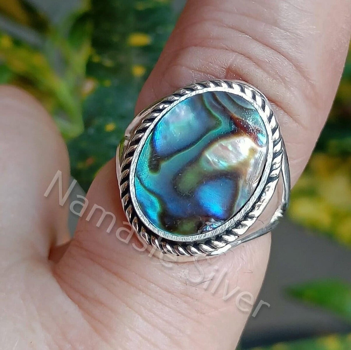 Abalone Shell Ring, 925 Sterling Silver Statement Promise Ring, Natural Blue Paua Shell Oval Handmade Boho Jewelry, Colorful Gift for Her