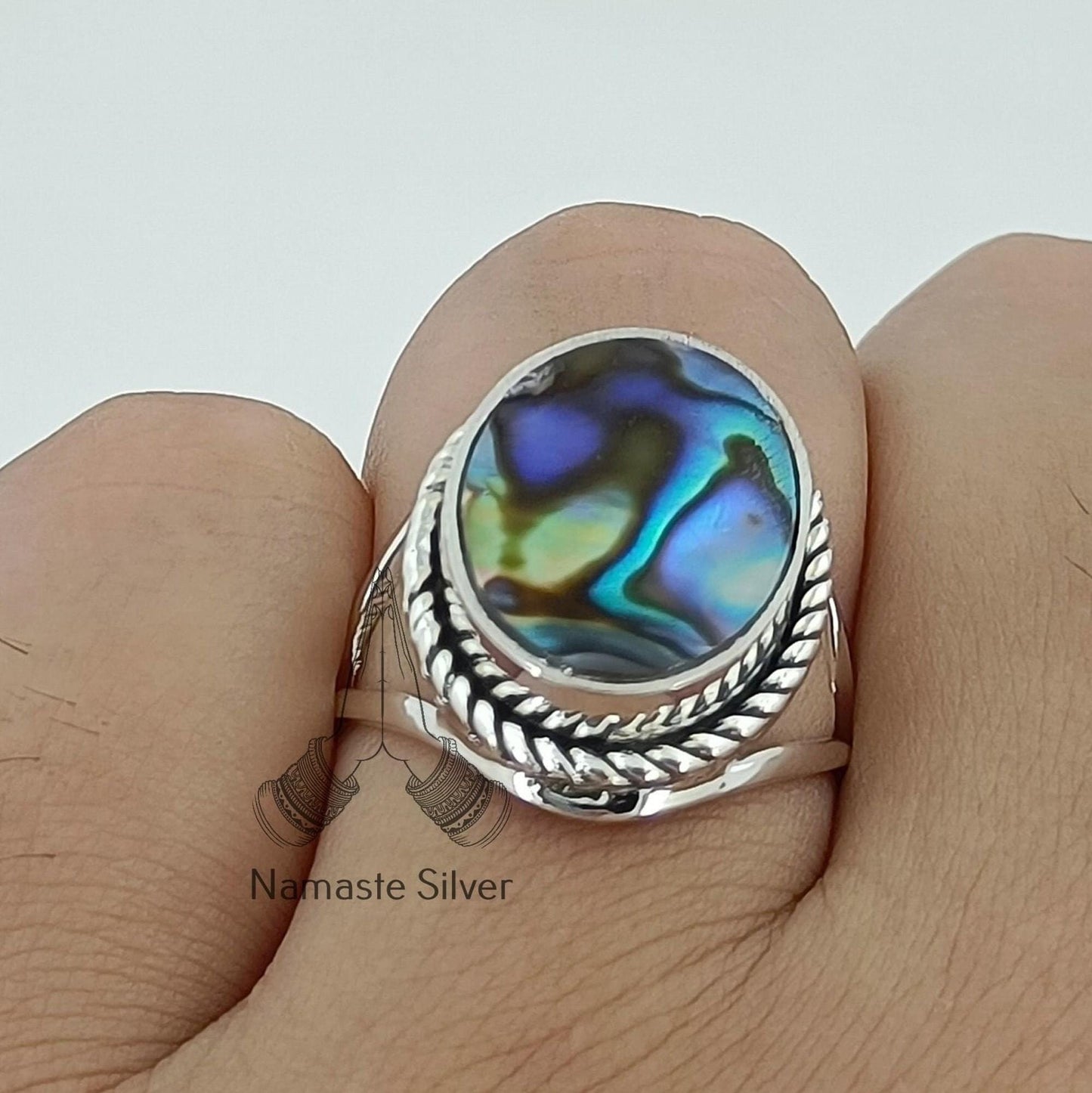 Abalone Shell Ring, 925 Sterling Silver Statement Promise Ring, Natural Blue Paua Shell Oval Handmade Boho Jewelry, Colorful Gift for Her