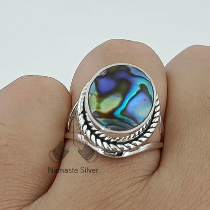 Abalone Shell Ring, 925 Sterling Silver Statement Promise Ring, Natural Blue Paua Shell Oval Handmade Boho Jewelry, Colorful Gift for Her