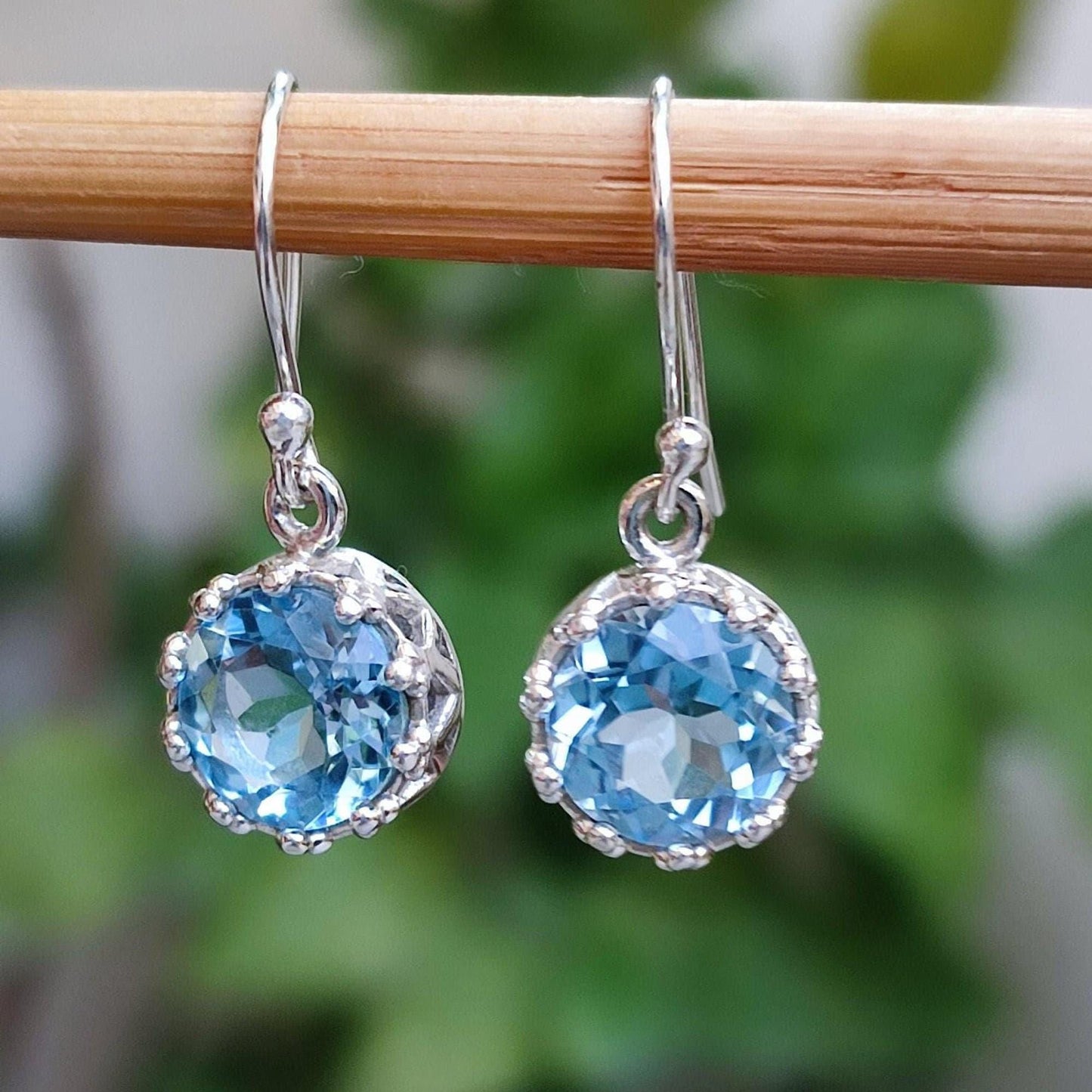 Blue Topaz Earrings, 925 Sterling Silver Handmade Dangle Earrings, Natural Topaz Round Gemstone Jewelry, December Birthstone, Gift for her