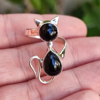Black Onyx Cat Ring, Handmade 925 Sterling Silver Promise Ring, Natural Black Onyx Gemstone Jewelry, July Birthstone, Gift for Cat Lovers